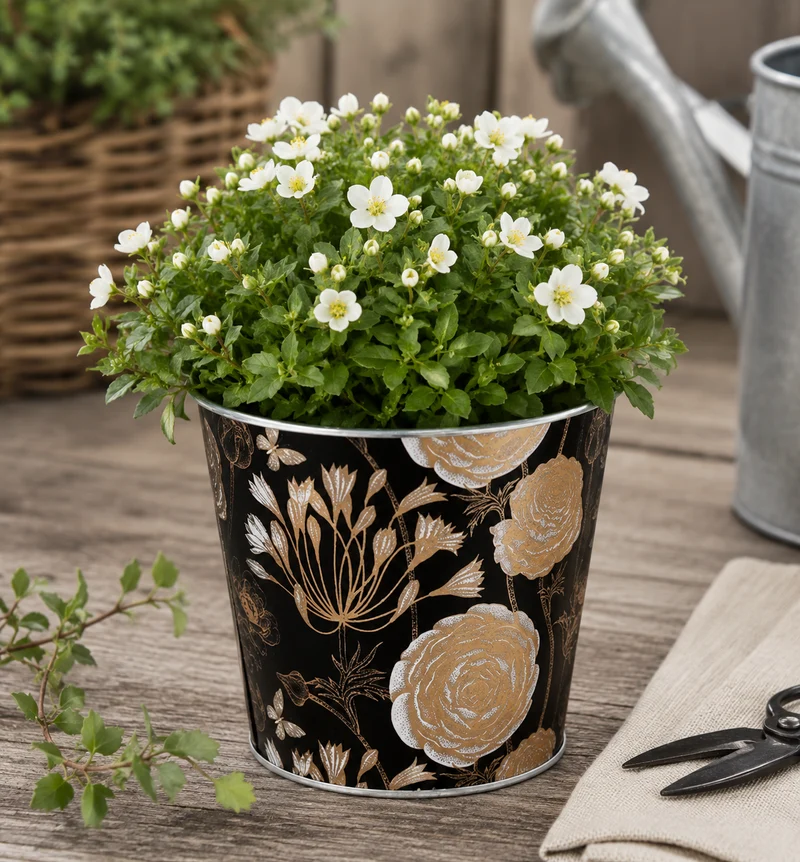 Kruka metall m Blommor