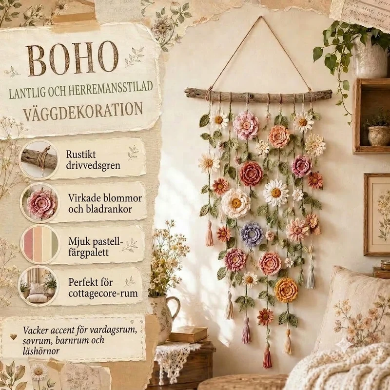 Handvirkad Blommig Väggbonad i Boho-stil – För Vardagsrum och Sovrum