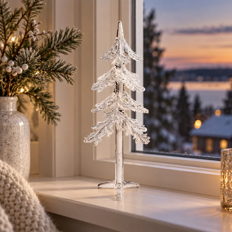 Elegant Julgran i Glas 22 cm med Snö – Transparent Juldekoration