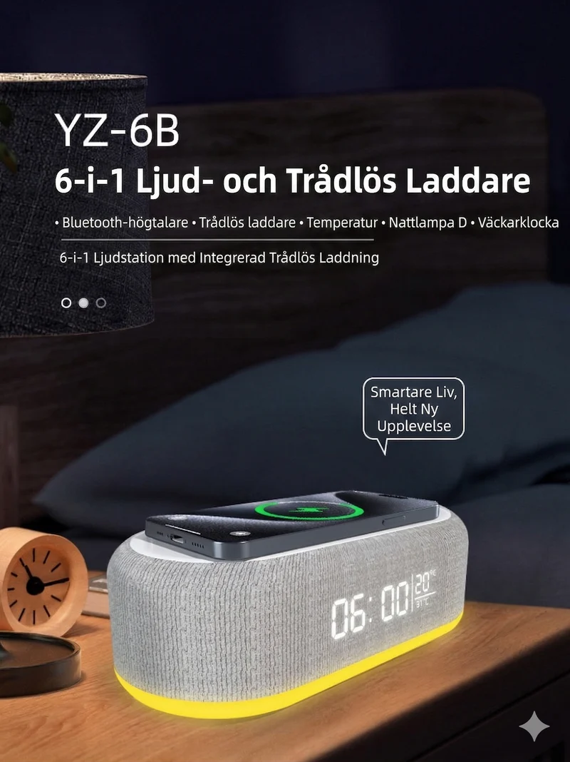 6-i-1 Trådlös Laddningsstation 25W – Klocka, Högtalare & Nattlampa
