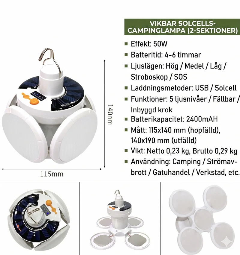 Solcellsriven & USB-laddningsbar Utomhuslampa (Klot)
