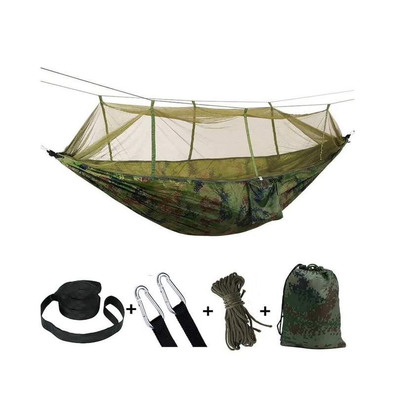 Hängmatta med myggnät (camouflage, orange-grå, rosa, grön eller svart)