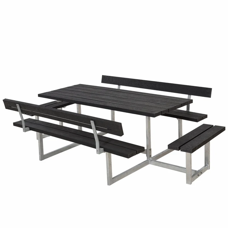 Basic bord-/bænkesæt med 2 ryglæn og 2 påbygninger - 260 cm - RePlast - sort